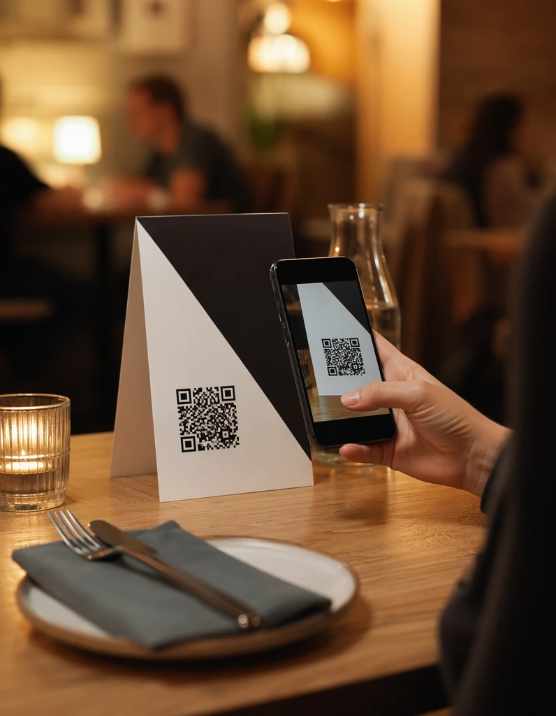 QR parado en la mesa de un restaurante y un celular escaneándolo