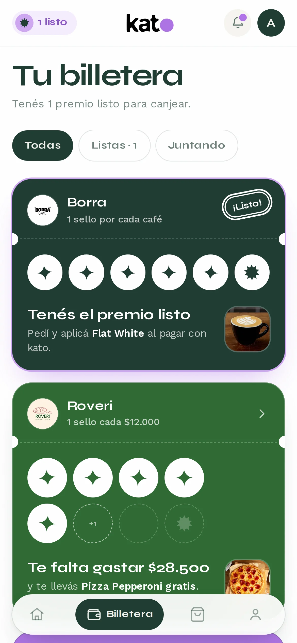 Billetera con tres tarjetas de sellos, una por local, cada una con su color