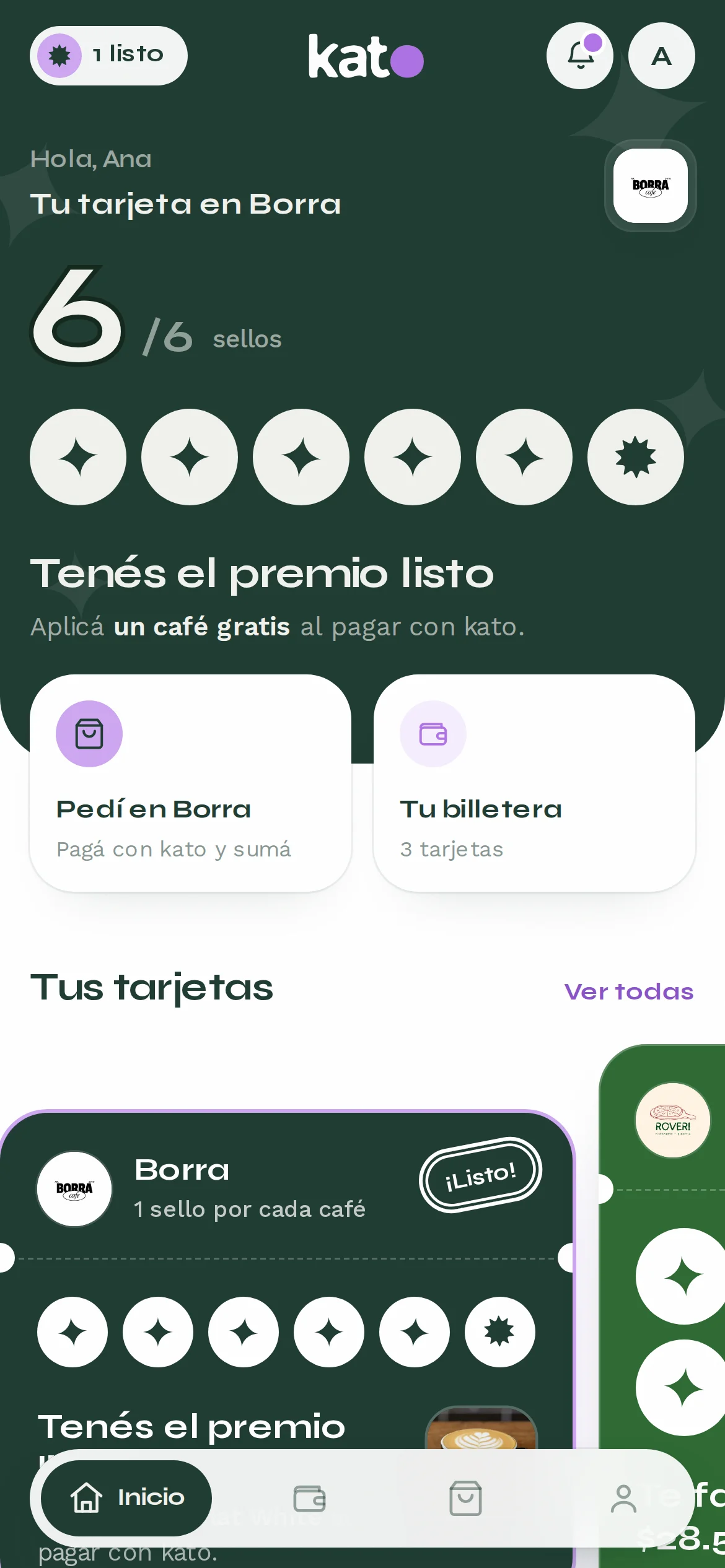 Pantalla de inicio de la app: 6 de 6 sellos en Borra y el premio listo