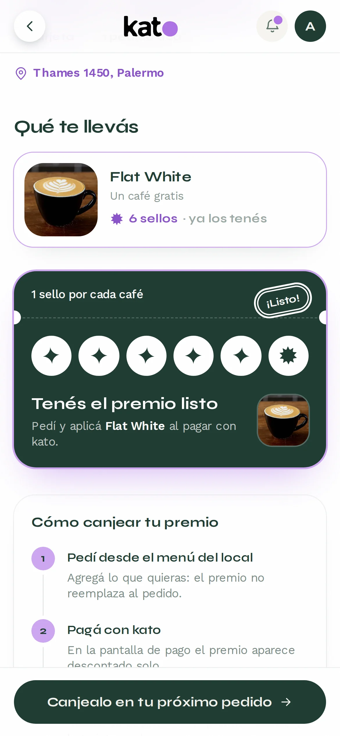 Detalle de un local: el premio con foto y la tarjeta de sellos completa